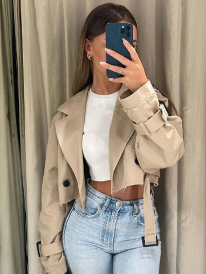 SEAME - SEAME Women's Cropped Trench Coat - Stylish Double Breasted Design for Spring Beige XS
