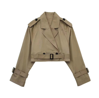 SEAME - SEAME Women's Cropped Trench Coat - Stylish Double Breasted Design for Spring Khaki XS