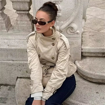 SEAME - Seame Women's Cropped Trench Coat - Stylish Spring Jacket with Belt Beige S