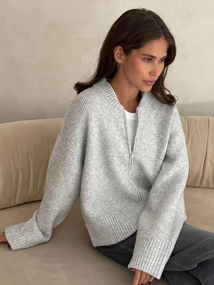 SEAME - SEAME Women's Long Cardigan Sweater with Zipper Closure - Elegant Knit Design Beige S