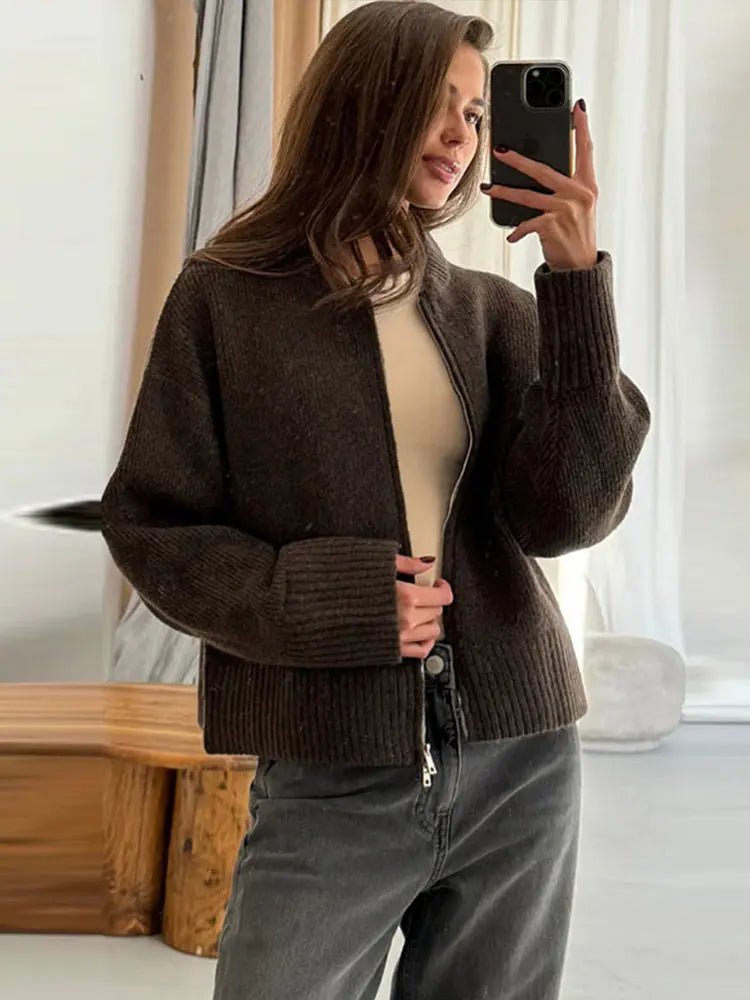 SEAME - SEAME Women's Long Cardigan Sweater with Zipper Closure - Elegant Knit Design Brown S