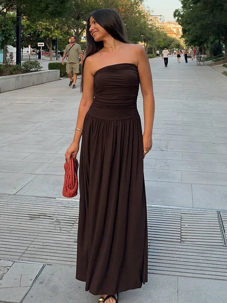 SEAME - SEAME - Women's Summer Dress, Brown Spliced Tube Top Slim Pleated Design Brown S