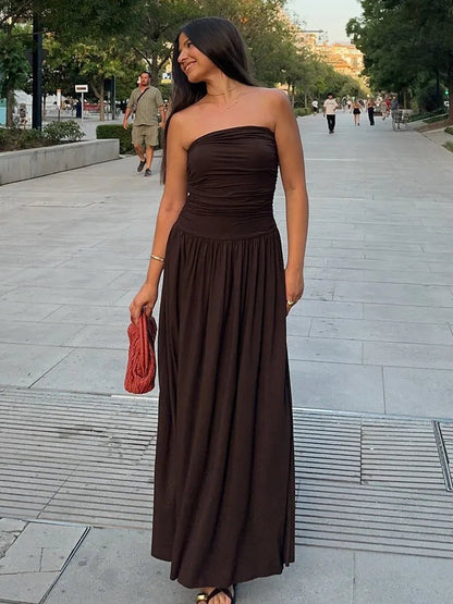 SEAME - SEAME - Women's Summer Dress, Brown Spliced Tube Top Slim Pleated Design Brown S
