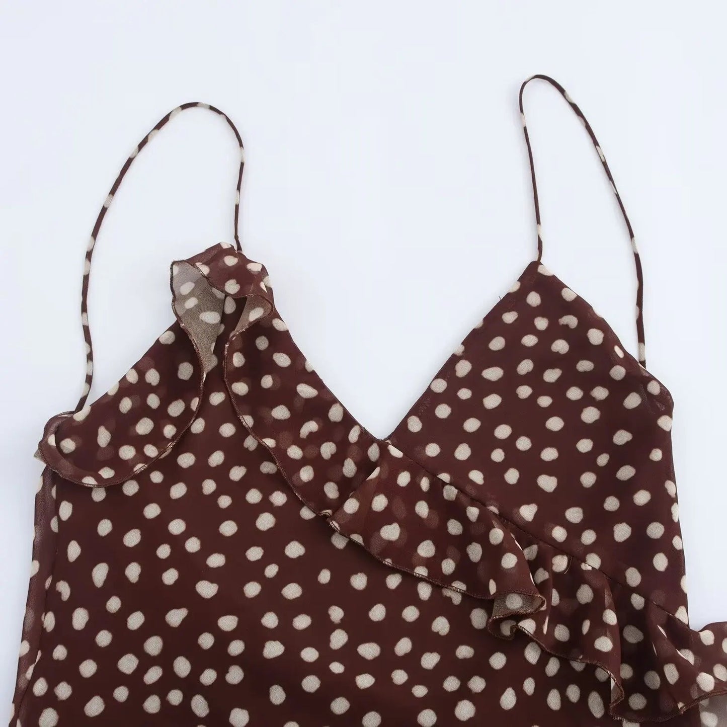 SEAME - SEAME Women's Summer Dress - Sleeveless Polka Dot Suspender with Layered Design Brown XS