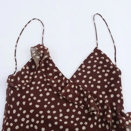 SEAME - SEAME Women's Summer Dress - Sleeveless Polka Dot Suspender with Layered Design Brown XS