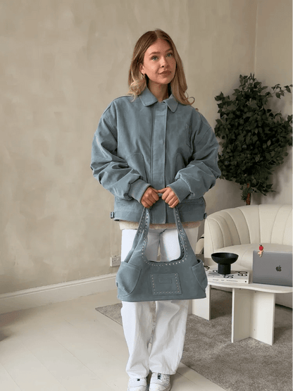 SEAME - Serrah Babyblue Suede Bomber Jacket Blue S