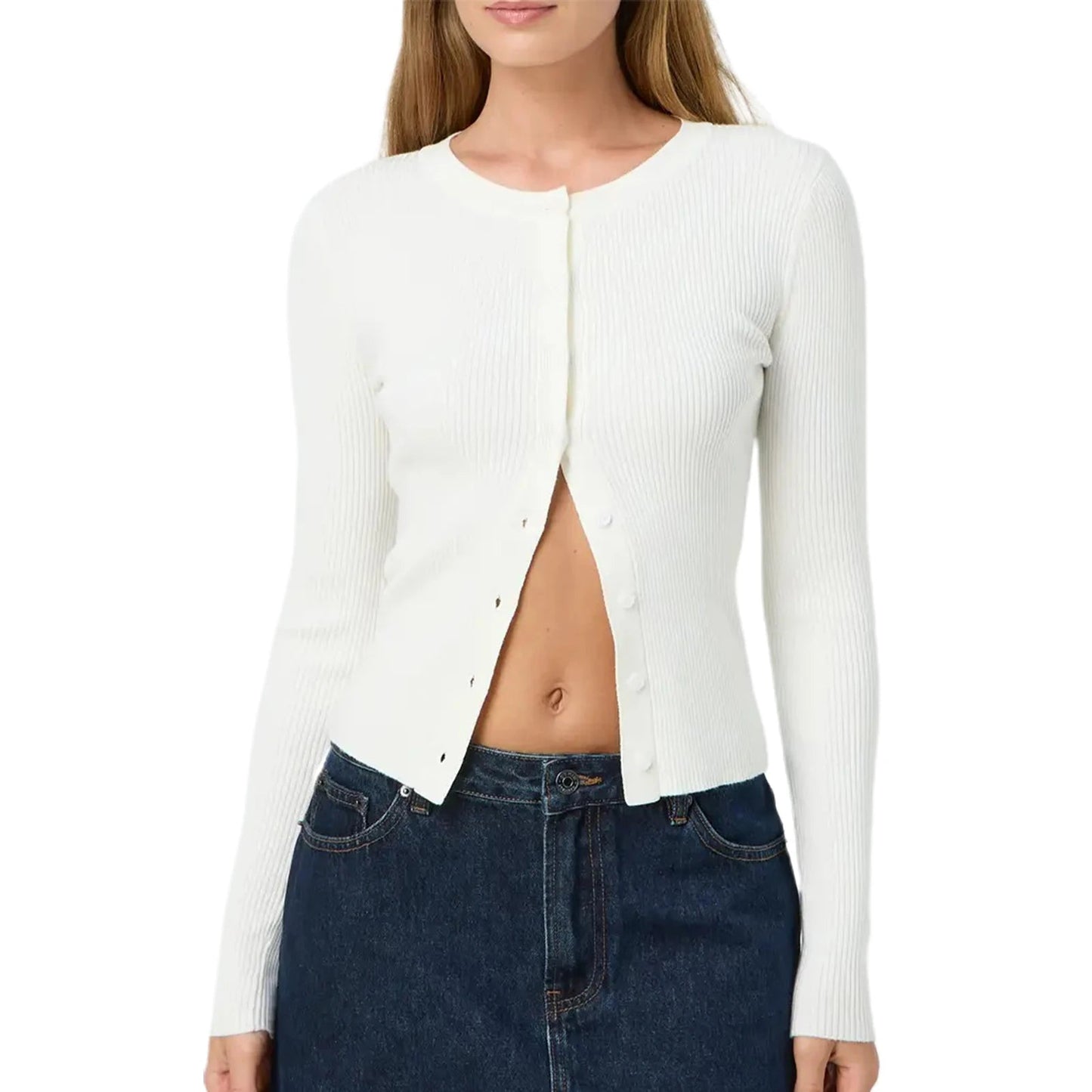 SEAME - Women's Cropped Cardigan Sweater - Long Sleeve Button - Up Design White S